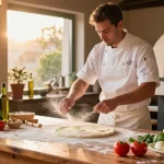 Delicious Italian pizza-making scene featuring fresh ingredients and the chef showcasing pg soft dough skills.
