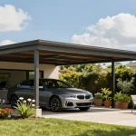 Moderne Carport-Installation mit elegantem Fahrzeug in ländlicher Umgebung.
