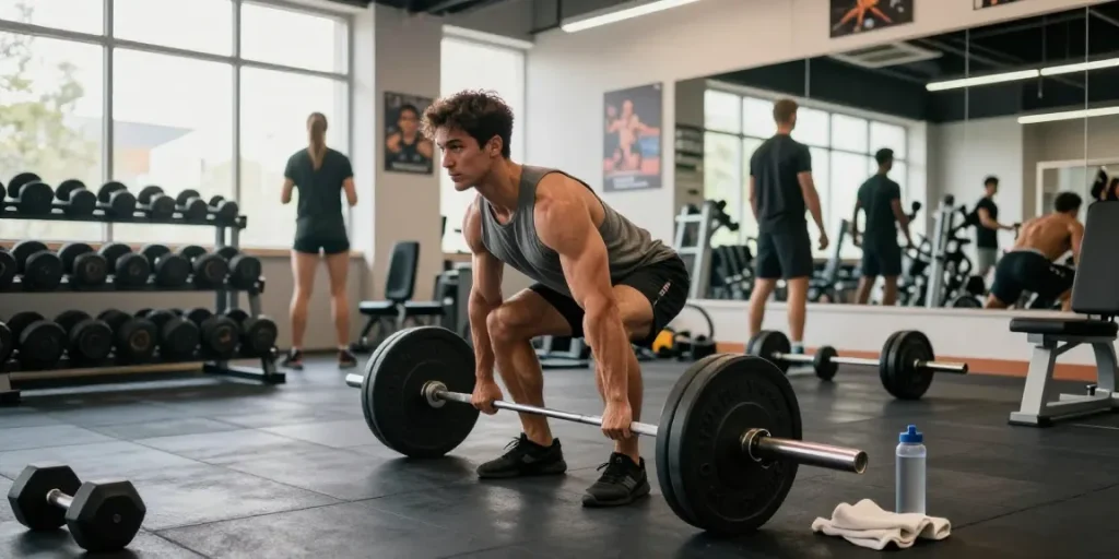 Im Utinon Steroids Shop sieht man Bodybuilder beim Training mit Hanteln und motivierenden Plakaten im Hintergrund.