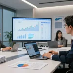 FAFA828 data analysis scene showcasing analysts examining financial graphs in a modern workspace.